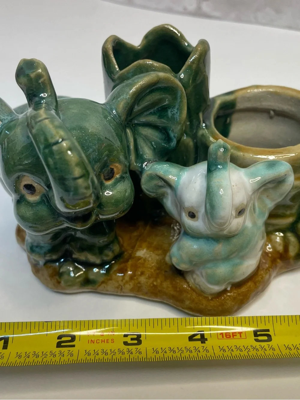 Vintage Majolica Lucky Elephant Double Planter Trunks Up Ceramic Rare HTF 6”